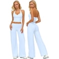 thumbnail image 1 of PISONIC Womens Workout Sets Two Piece Halter Crop Top Matching Straight Leg Pants Gym Work Pilates Outfits, 1 of 6