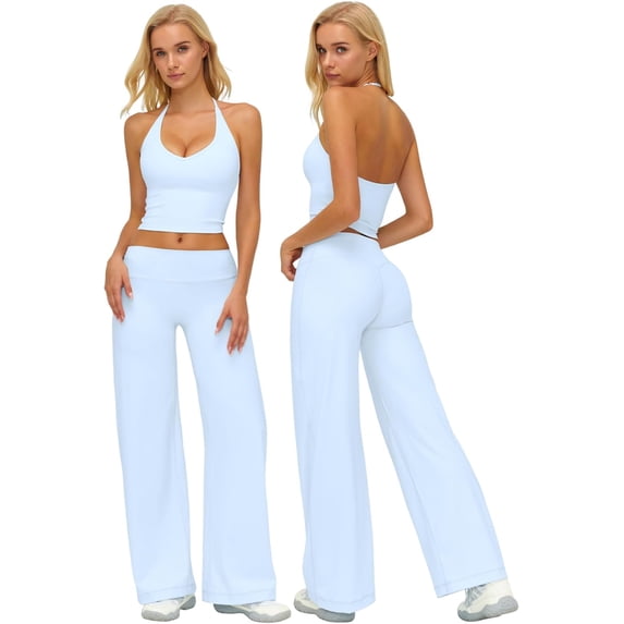 PISONIC Womens Workout Sets Two Piece Halter Crop Top Matching Straight Leg Pants Gym Work Pilates Outfits