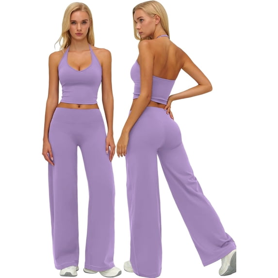 PISONIC Womens Workout Sets Two Piece Halter Crop Top Matching Straight Leg Pants Gym Work Pilates Outfits