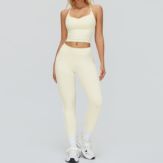 PISONIC Womens Workout Sets Two Piece Spaghetti Strap Adjustable Tank Top Matching High Waist Leggings Gym Work Out Clothes