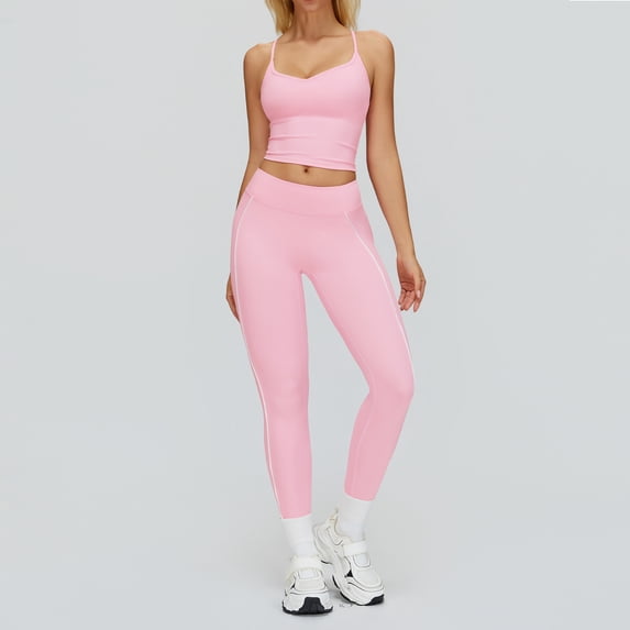 PISONIC Womens Workout Sets Two Piece Spaghetti Strap Adjustable Tank Top Matching High Waist Leggings Gym Work Out Clothes