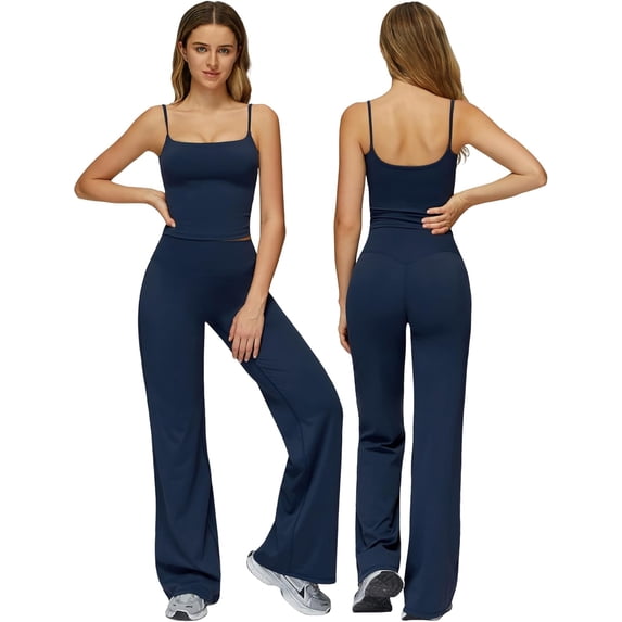 PISONIC Womens Workout Sets Two Piece Spaghetti Straps Crop Top Matching Straight Leg Pants Gym Work Pilates Outfits