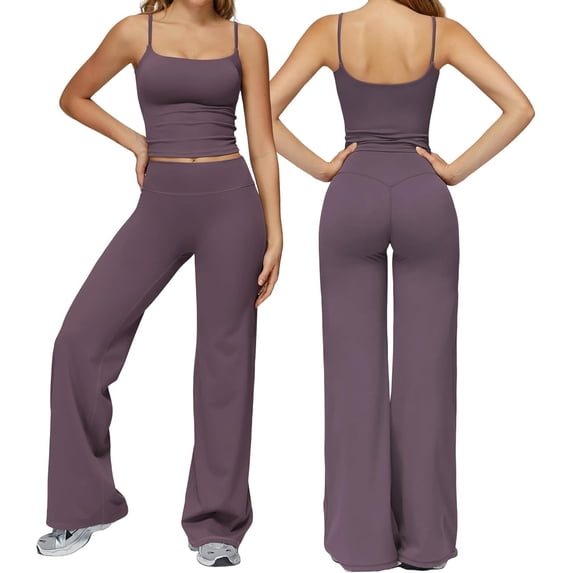 PISONIC Womens Workout Sets Two Piece Spaghetti Straps Crop Top Matching Straight Leg Pants Gym Work Pilates Outfits