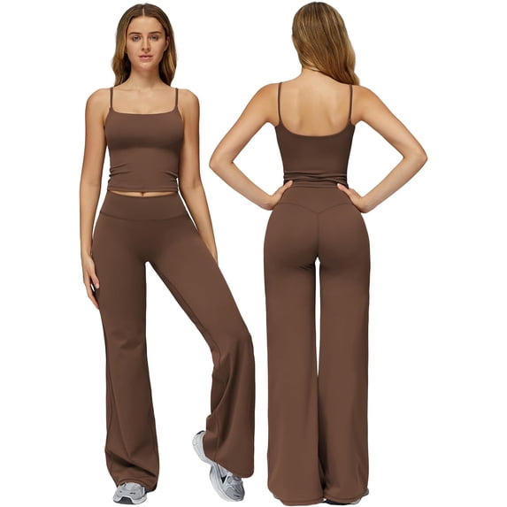 PISONIC Womens Workout Sets Two Piece Spaghetti Straps Crop Top Matching Straight Leg Pants Gym Work Pilates Outfits