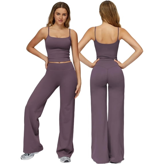 PISONIC Womens Workout Sets Two Piece Spaghetti Straps Crop Top Matching Straight Leg Pants Gym Work Pilates Outfits