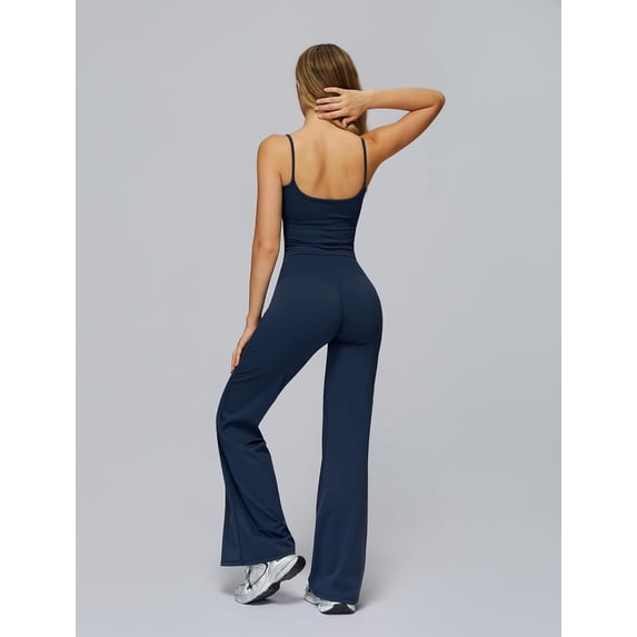 PISONIC Womens Workout Sets Two Piece Spaghetti Straps Crop Top Matching Straight Leg Pants Gym Work Pilates Outfits