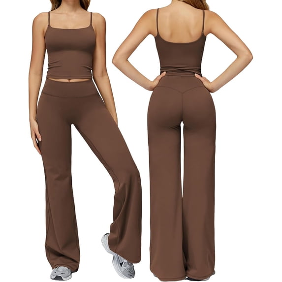 PISONIC Womens Workout Sets Two Piece Spaghetti Straps Crop Top Matching Straight Leg Pants Gym Work Pilates Outfits