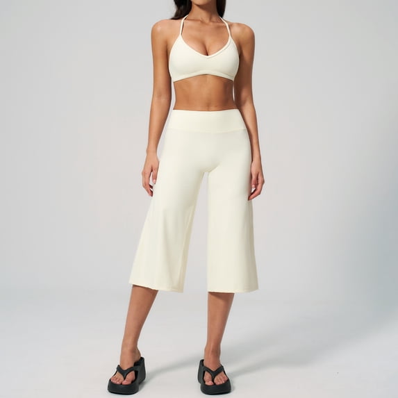 PISONIC Womens Workout Sets Two Piece Spaghetti Straps Sports Bra Matching Wide Leg Capri Pants Gym Work Pilates Outfits