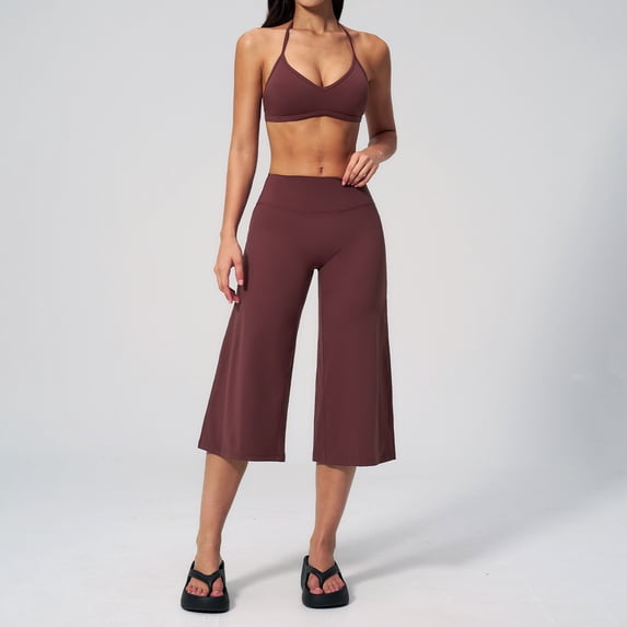 PISONIC Womens Workout Sets Two Piece Spaghetti Straps Sports Bra Matching Wide Leg Capri Pants Gym Work Pilates Outfits