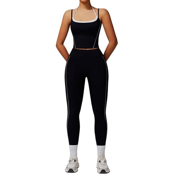 PISONIC Womens Workout Sets Two Piece Spaghetti Straps Tank Top Matching High Waist Leggings Gym Work Out Outfits with Pockets