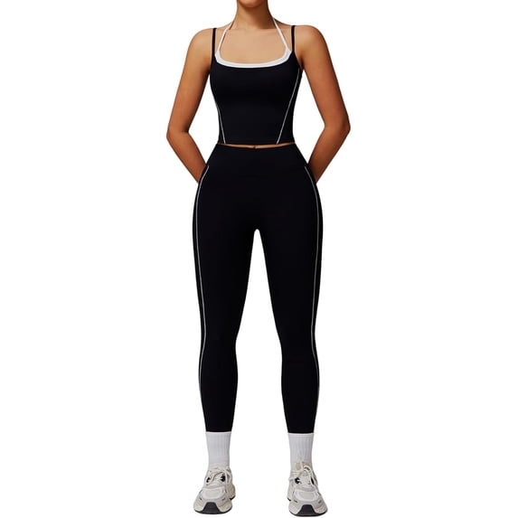 PISONIC Womens Workout Sets Two Piece Spaghetti Straps Tank Top Matching High Waist Leggings Gym Work Out Outfits with Pockets