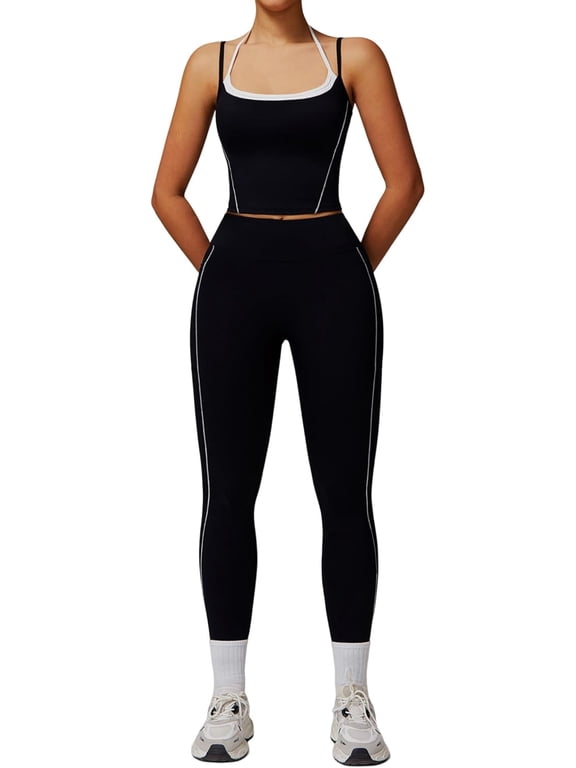 Womens Workout Sets Two Piece Spaghetti Straps Tank Top Matching High Waist Leggings Gym Work Out Outfits with Pockets