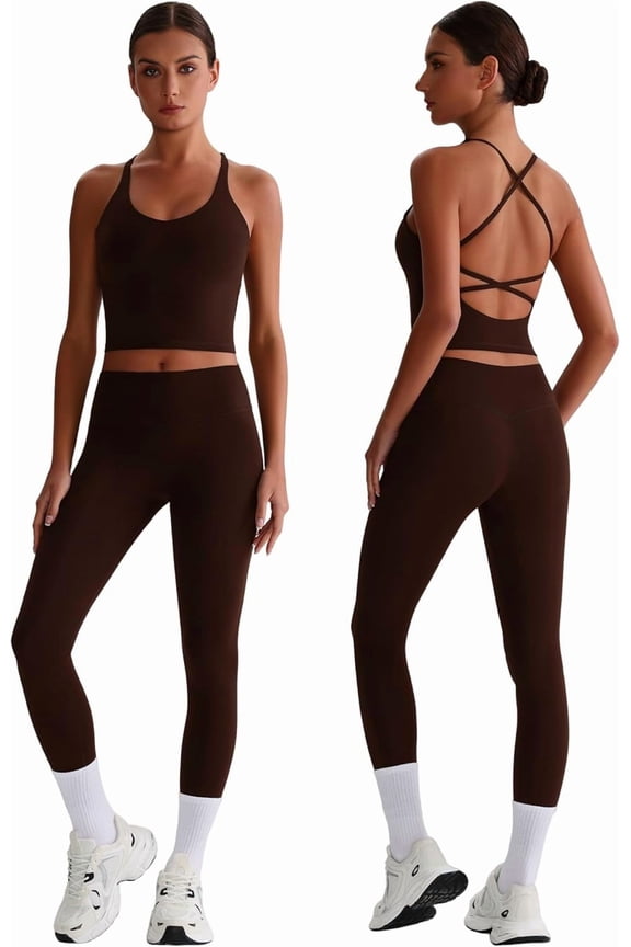 Womens Workout Sets Two Piece Y Back Tank Top Matching High Waist Leggings Sets Gym Work Out Clothes
