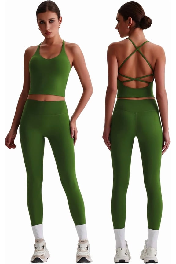 Womens Workout Sets Two Piece Y Back Tank Top Matching High Waist Leggings Sets Gym Work Out Clothes