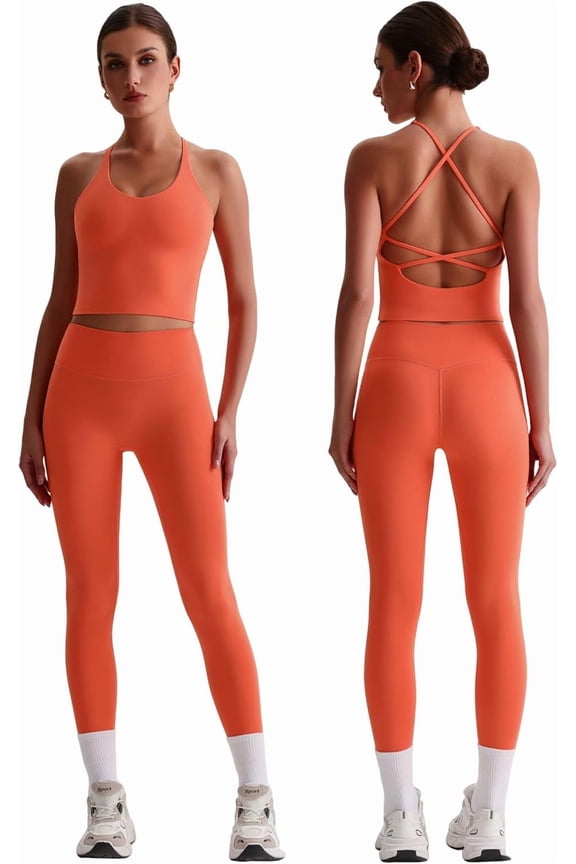 Womens Workout Sets Two Piece Y Back Tank Top Matching High Waist Leggings Sets Gym Work Out Clothes