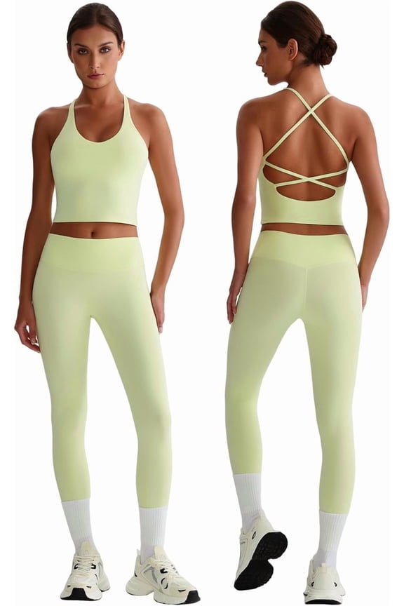 Womens Workout Sets Two Piece Y Back Tank Top Matching High Waist Leggings Sets Gym Work Out Clothes