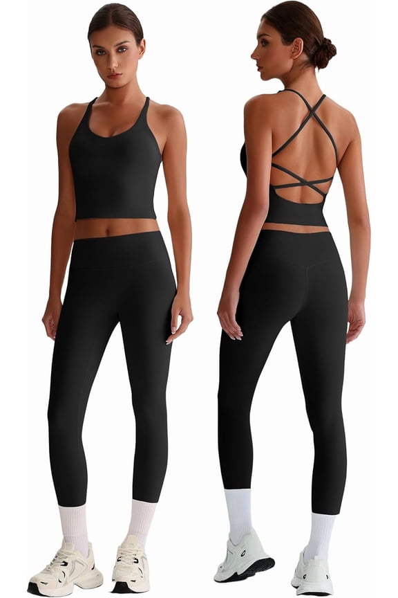 Womens Workout Sets Two Piece Y Back Tank Top Matching High Waist Leggings Sets Gym Work Out Clothes