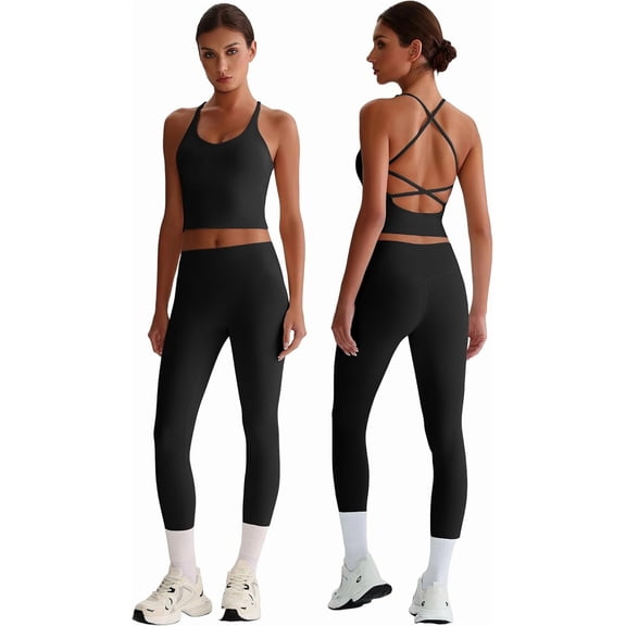 PISONIC Womens Workout Sets Two Piece Y Back Tank Top Matching High Waist Leggings Sets Gym Work Out Clothes