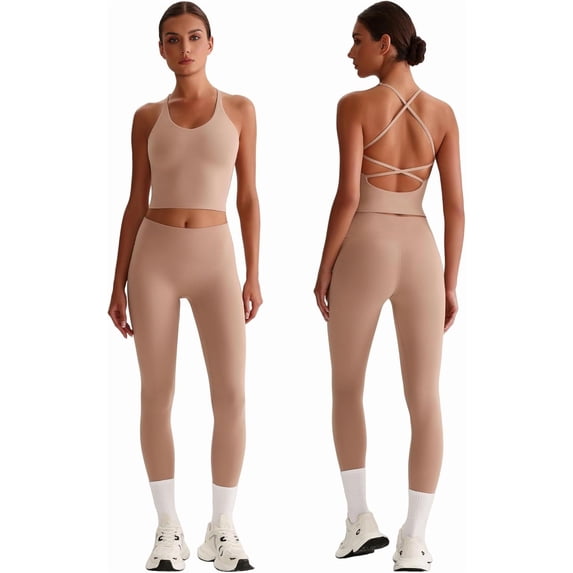 PISONIC Womens Workout Sets Two Piece Y Back Tank Top Matching High Waist Leggings Sets Gym Work Out Clothes