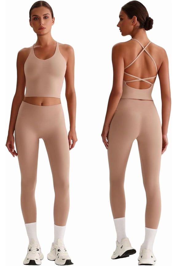 Womens Workout Sets Two Piece Y Back Tank Top Matching High Waist Leggings Sets Gym Work Out Clothes