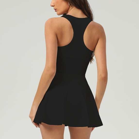 PISONIC Womens Zip Front Tennis Dress V Neck Sleeveless Workout Golf Dresses Build in Shorts