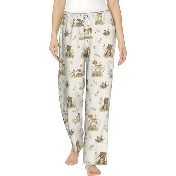 PISONIC Woodland Animals Printed Women's Pajama Pants, Comfy Pajama Bottoms With Pockets&Drawstring