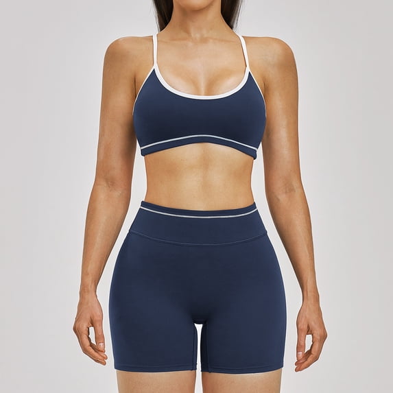 PISONIC Workout Sets for Women 2 Piece Color Block Strappy Sports Bra High Waist Shorts Gym Yoga Pilates Outfits