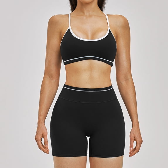 PISONIC Workout Sets for Women 2 Piece Color Block Strappy Sports Bra High Waist Shorts Gym Yoga Pilates Outfits