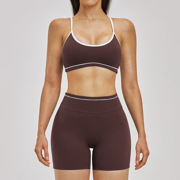 PISONIC Workout Sets for Women 2 Piece Color Block Strappy Sports Bra High Waist Shorts Gym Yoga Pilates Outfits