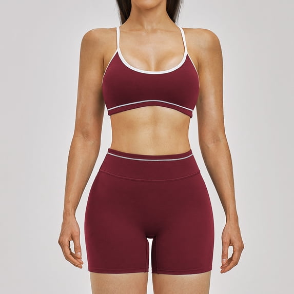 PISONIC Workout Sets for Women 2 Piece Color Block Strappy Sports Bra High Waist Shorts Gym Yoga Pilates Outfits