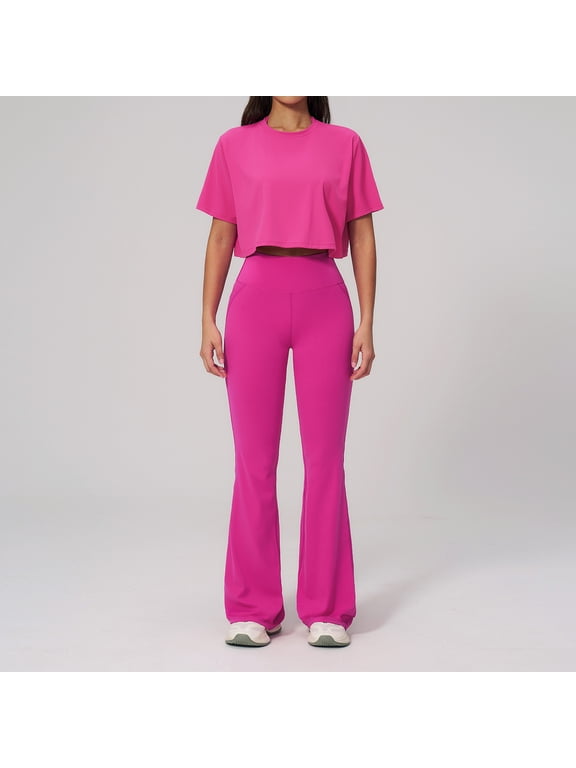 Workout Sets for Women 2 Piece Round Neck Short Sleeve Crop Tops High Waist Flared Leggings Gym Sets