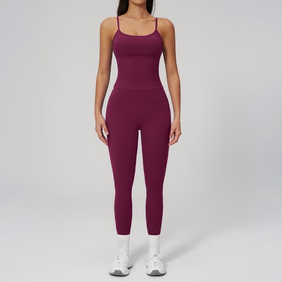 PISONIC Workout Sets for Women, 2 Piece Seamless Spaghetti Straps Crop Top Matching High Waist Leggings Gym Yoga Outfits