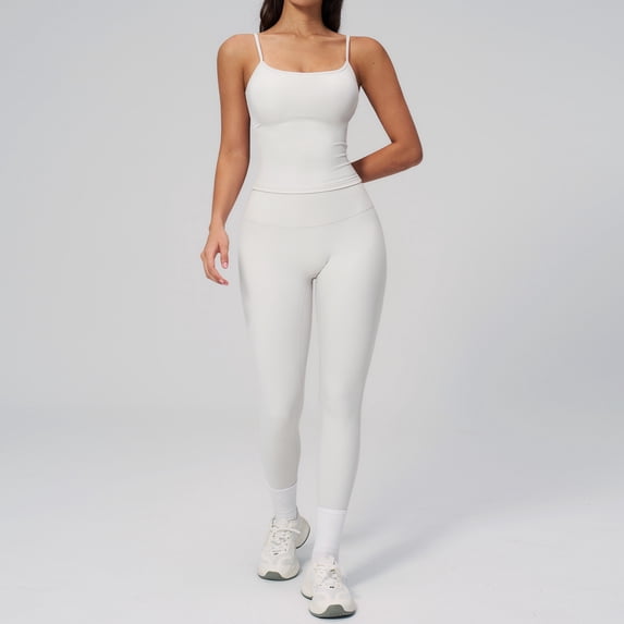 PISONIC Workout Sets for Women, 2 Piece Seamless Spaghetti Straps Crop Top Matching High Waist Leggings Gym Yoga Outfits