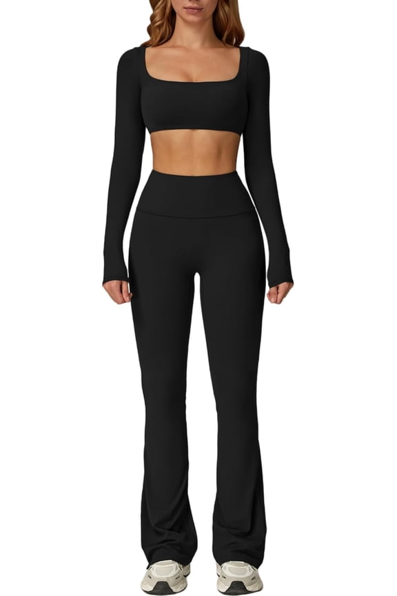 Workout Sets for Women 2 Piece Square Neck Long Sleeve Crop Tops High Waist Flared Leggings Gym Sets