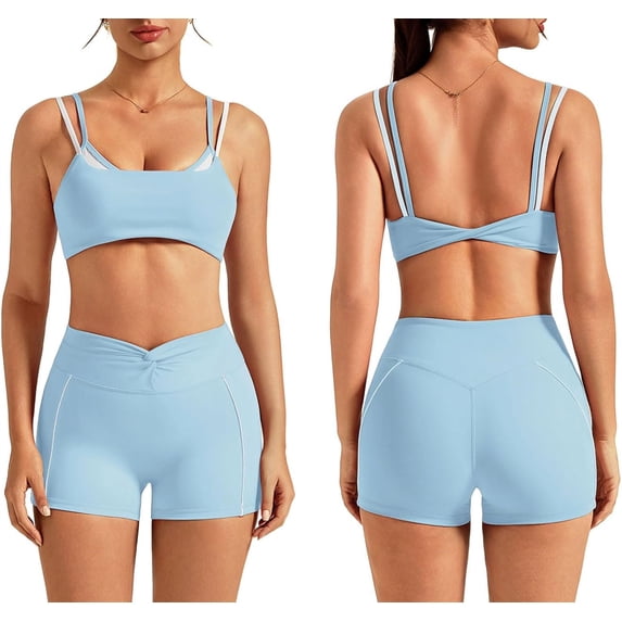 PISONIC Workout Sets for Women 2 Piece Twist Back Layered Sports Bra Mini Shorts Yoga Pilates Outfits Active Wear