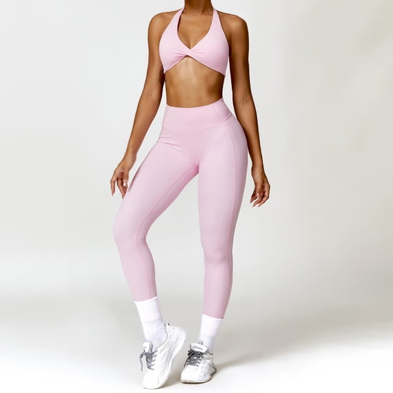 PISONIC Workout Sets for Women 2 Piece Twist Front Halter Sports Bras High Waist Biker Shorts Exercise Gym Yoga Outfit