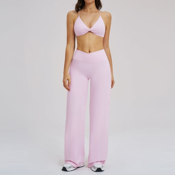 PISONIC Workout Sets for Women 2 Piece Yoga Outfits Twist Front Halter Sports Bras High Waist Flared Leggings Yoga Pilates Outfits Exercise Gym Sets