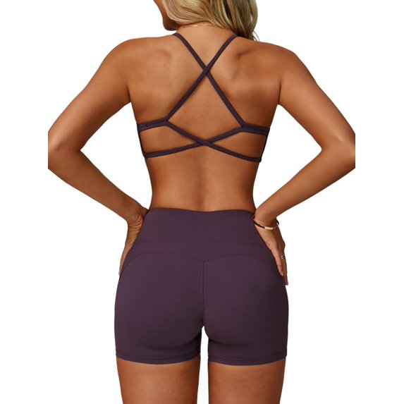 PISONIC Workout Sets for Women 2 Pieces Criss Cross Back Sports Bras Matching High Waist Butt Lifting Shorts Yoga Outfits