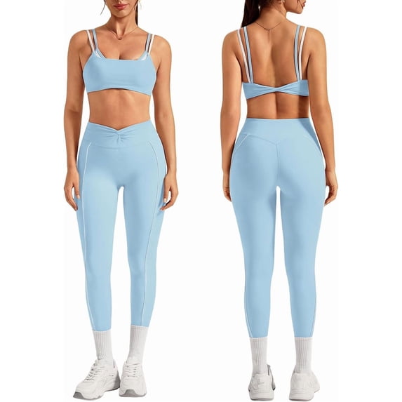 PISONIC Workout Workout Sets Color Block Twist Back Layered Sports Bra Twist Waist Leggings Gym Yoga Outfits
