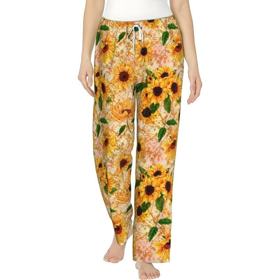 PISONIC Yellow Sunflowers Printed Women's Pajama Pants, Comfy Pajama Bottoms With Pockets&Drawstring