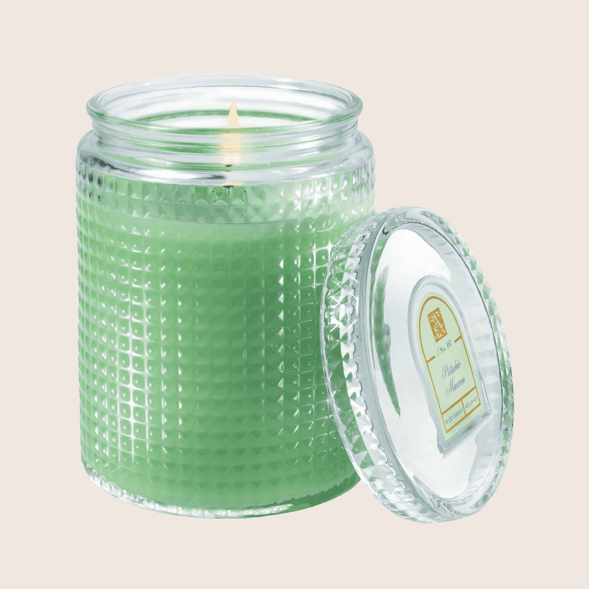 PISTACHIO MACARON Aromatique Textured Glass 15 oz Scented Jar Candle w/Lid