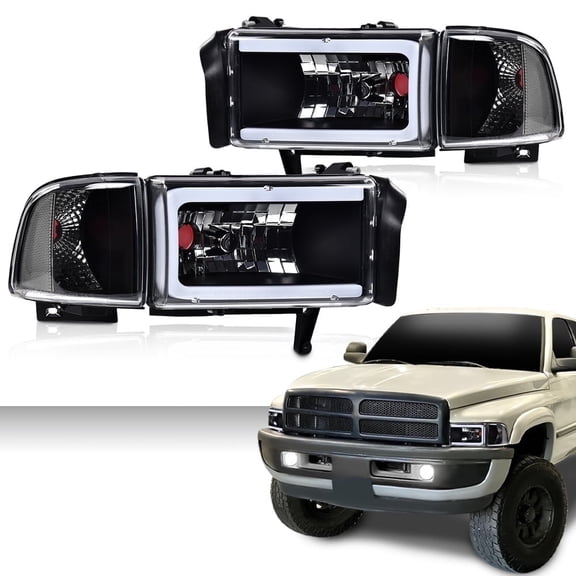 PIT66 1Pair Headlight LED Light Strip w/o Bulbs Clear Lens Black Housing Clear Refelector Fit for Dodge Ram 1500 1994-2001/Dodge Ram 2500 3500 1994-2002 (Not Fit Sport & Ram Van Model)