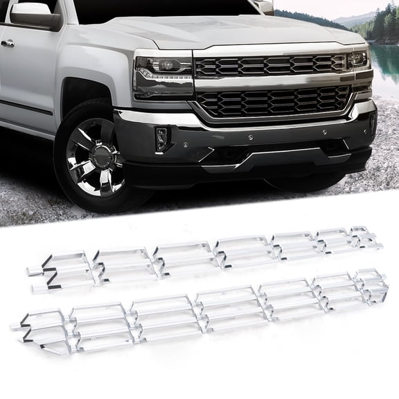 PIT66 2Pcs Chrome Bumper Grille Grill Skin Guard Overlay Snap On Insert fit for Chevy 2016-2018 Silverado 1500