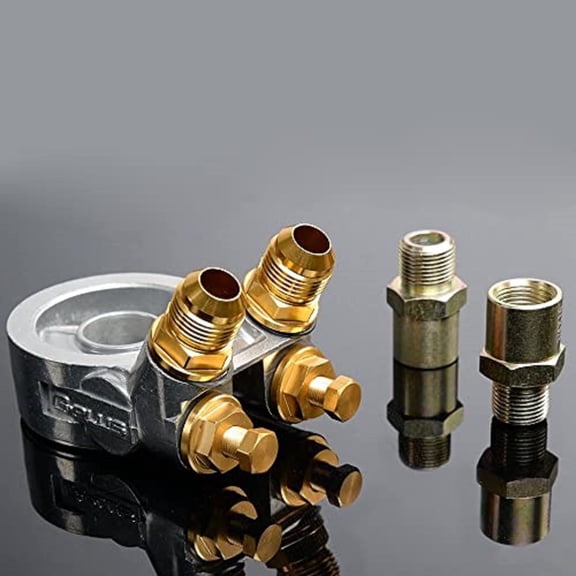 PIT66 AN10 Oil Filter Cooler Sandwich Thread Plate Adapter + 80 Deg Thermostat Gold 3/4x16UNF and M20x1.5