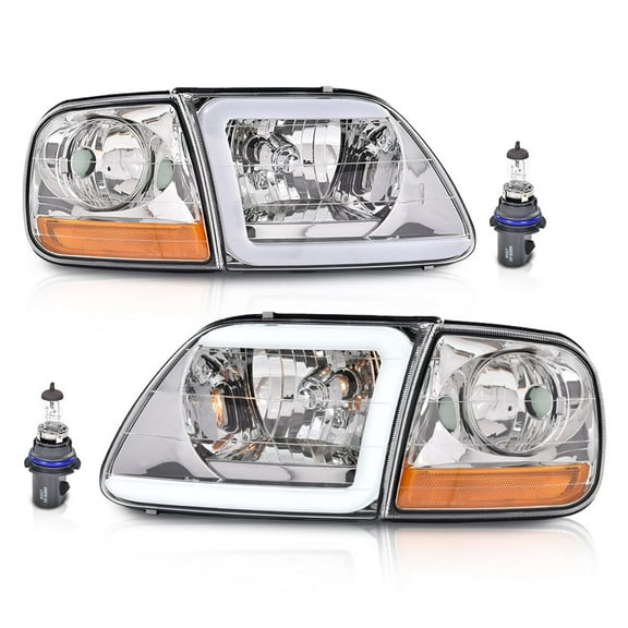 PIT66 Fit For 1997-2004 Ford F150 C STYLE LED Strip Headlights Headlamps Chrome/Amber