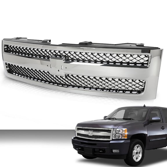 PIT66 Grille Grill Fit For 2007-2013 Chevrolet Silverado 1500 Chrome Shell w/ Black Insert 25810707, 19303978, 22849840, GM1200572