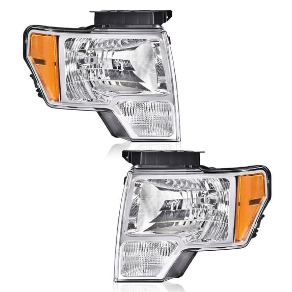 PIT66 Headlight, Fit for 2009-2014 Ford F150, Left and Right OE Style Pickup Truck Headlamp Assembly Clear lens Chrome Housing Amber Reflector
