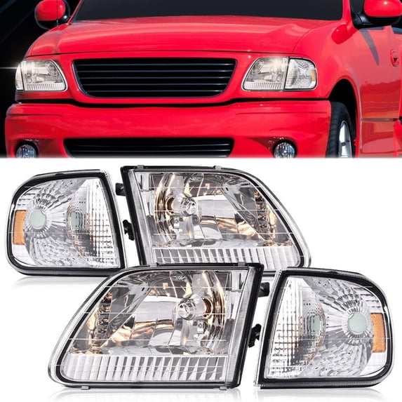 PIT66 Headlight Headlamp Assembly Clear Corner Chrome Housing Fit for 97-03 Ford F150/04 Ford F150 Heritage/97-02 Ford Expedition