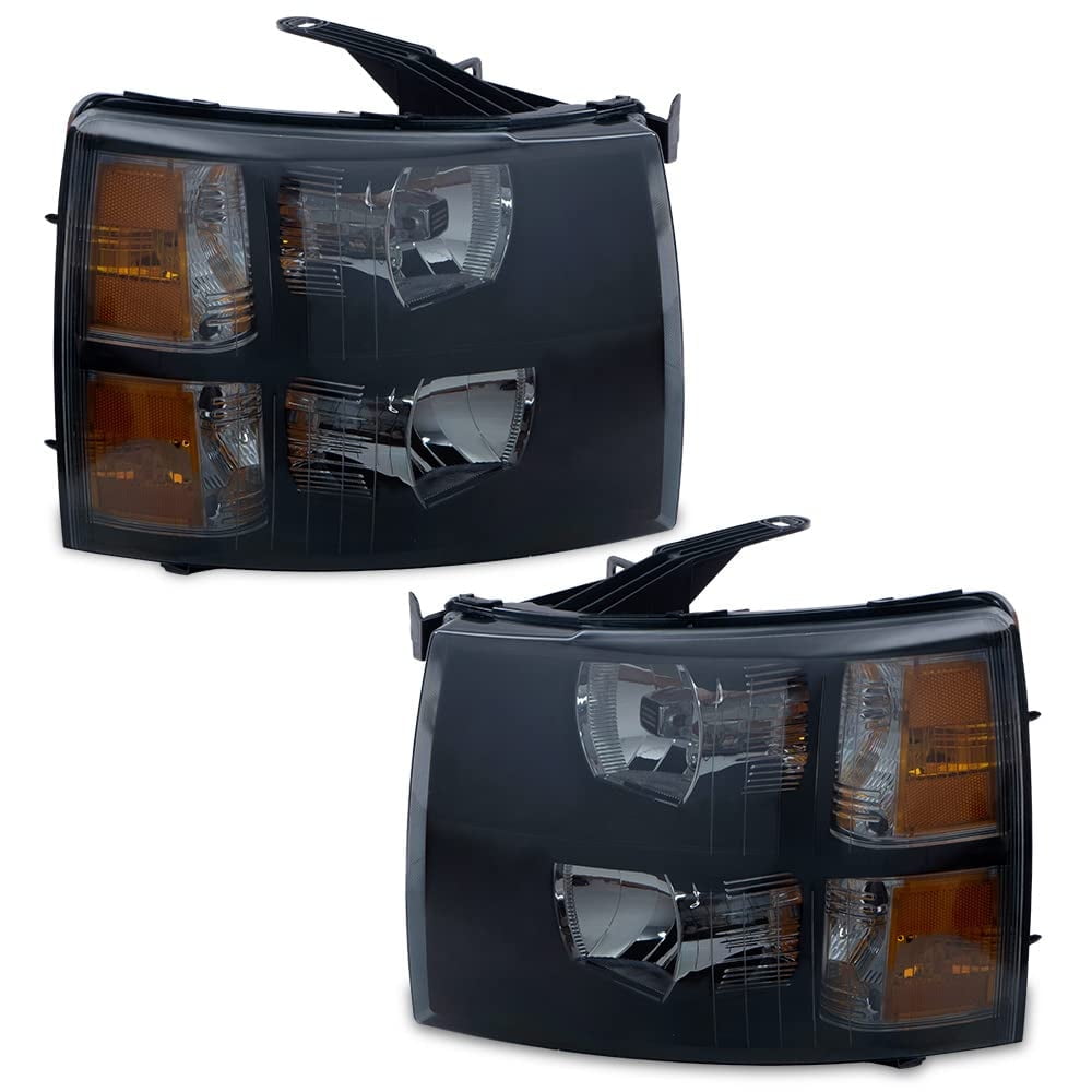PIT66 Headlights, Fit for 07-13 Chevy Silverado 1500 /Silverado 2500 3500 & HD 07-14(For 2500HD/3500HD, fit 2007 new body style & 2014 old body style) Smoky lens Black Housing Amber Reflector