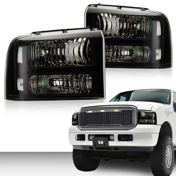 PIT66 Headlights, Fit for 2005-2007 Ford F250 F350 F450 F550 Super Duty/ 2005 Ford Excursion,(Not Fit Sealed Beam Headlight model) Clear Lens Black Housing Clear Reflector